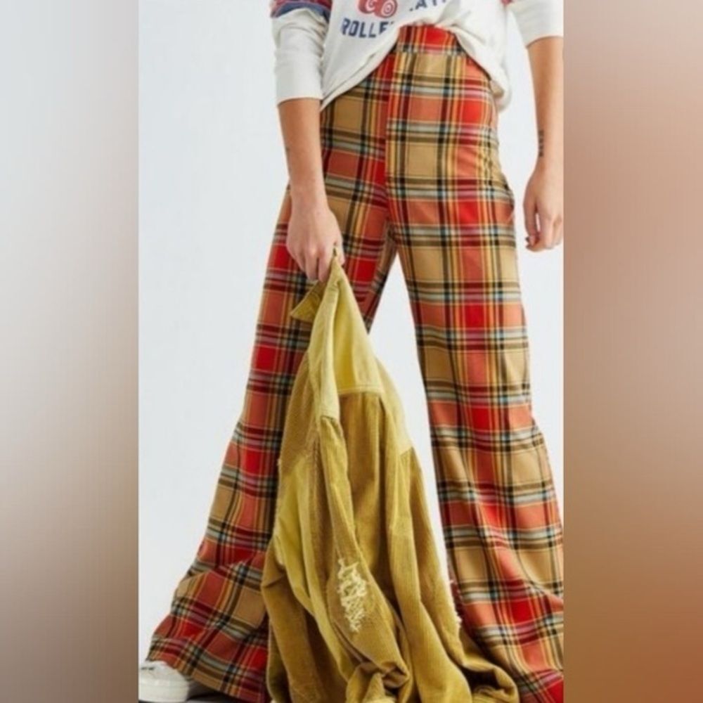 Free People Red Tan Combo Plaid Jules Wide Leg Flare Funky Retro Pants Size 4